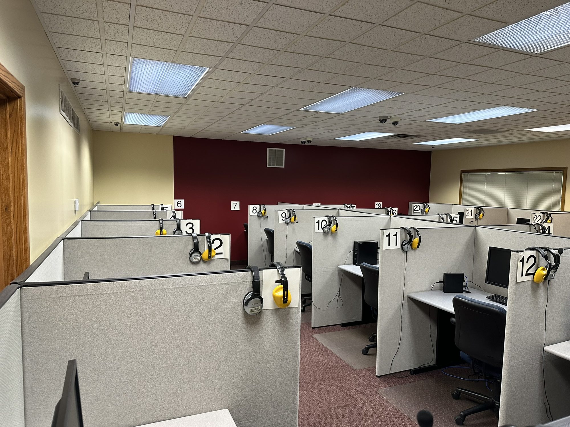 Commercial room with rows of cubicle workstations, carpet, and an accent wall